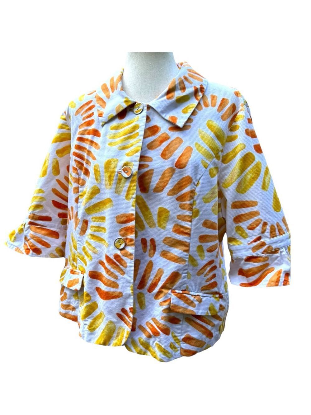 Chico’s Jacket XL 3 Bright Abstract Print Button Front Cotton Blend 3/4 Sleeve